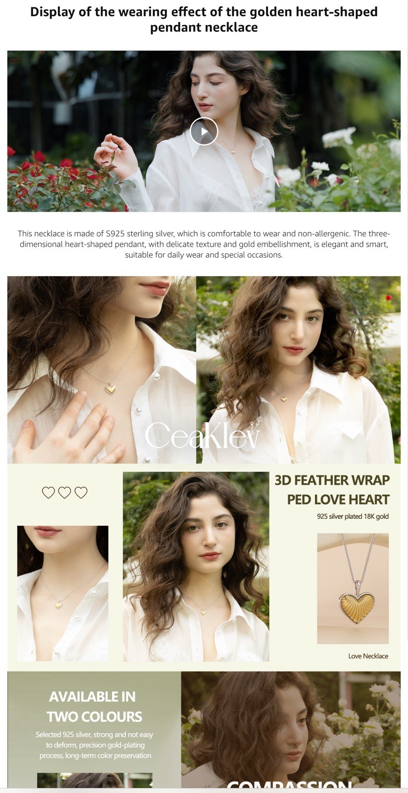 925 Solid Sterling Silver Heart Pendant Necklace