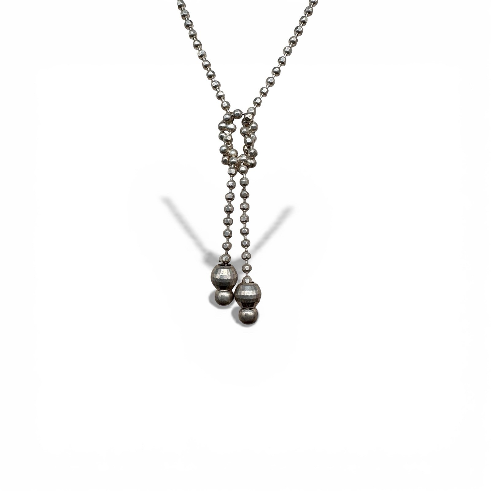 925 Sterling Silver Ball Chain Lariat Necklace Faceted Bead Drop 16-17”