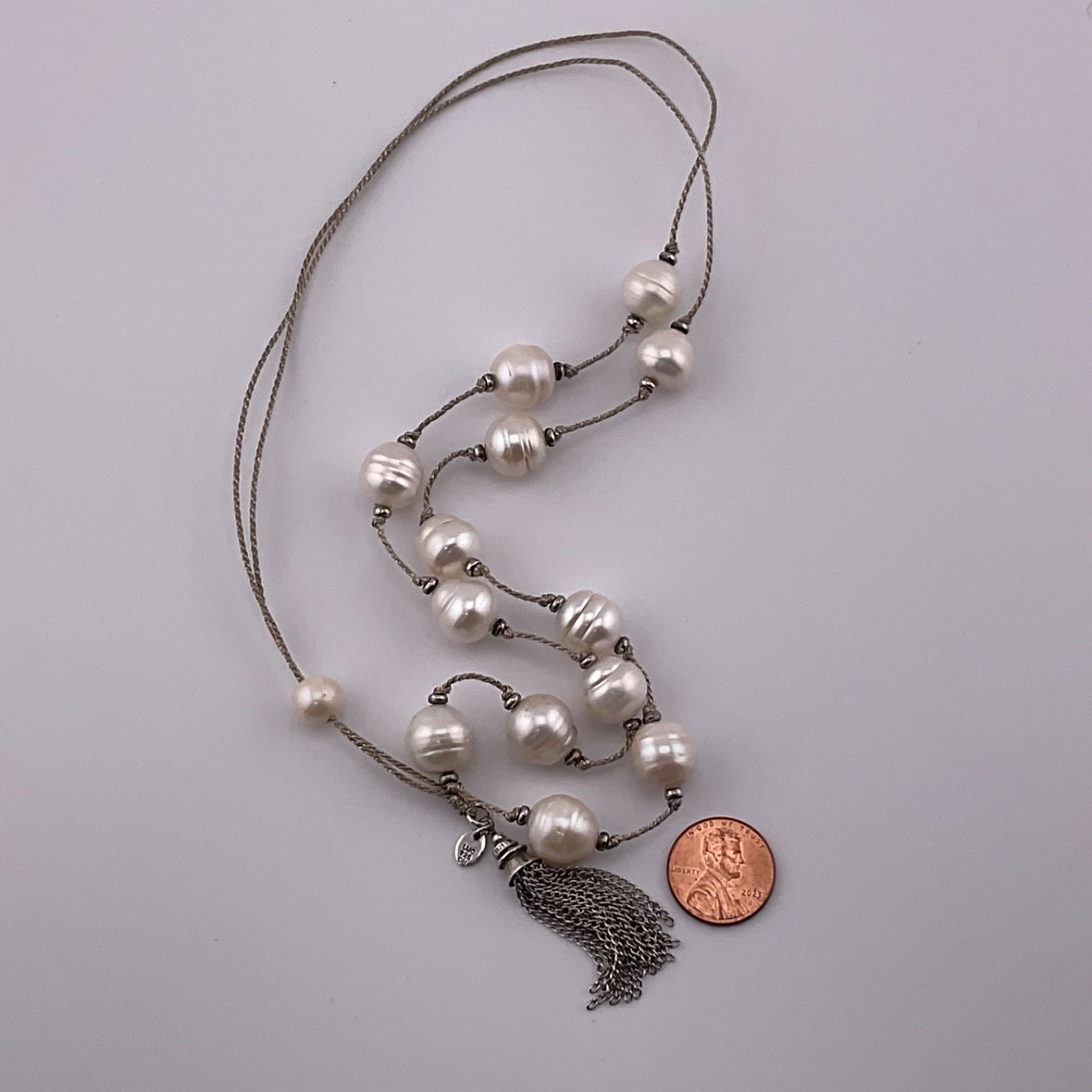 LUC Lucas Lameth Genuine Baroque Pearl Lariat Necklace Sterling Silver Tassel