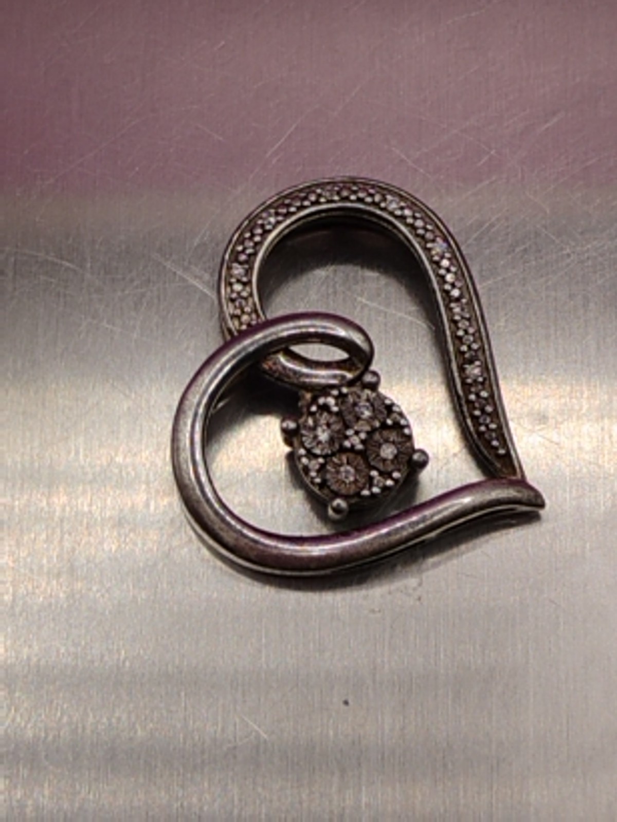925 Sterling Silver Pave 1/10ctw Diamond Heart Pendant Pre-owned 2.1g