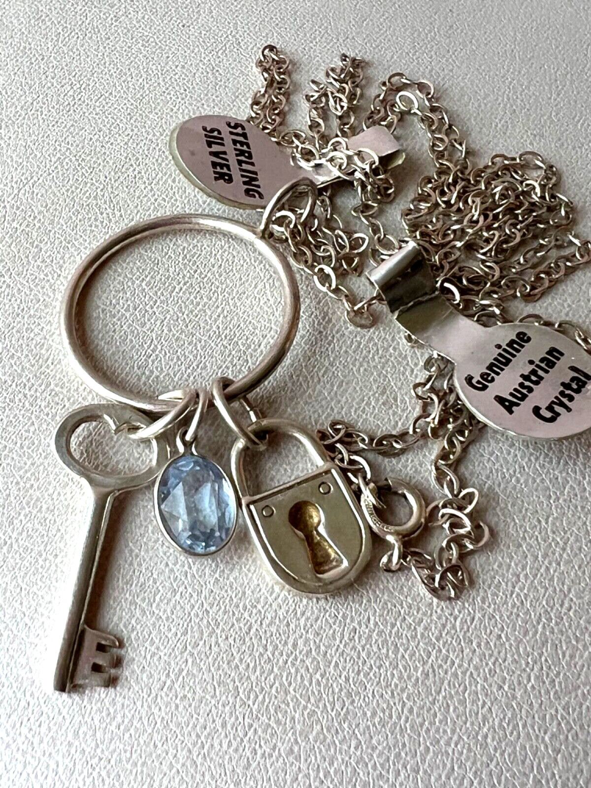 KEY, LOCK, BLUE CRYSTAL LARIAT PENDANT NECKLACE LONG CHAIN 925 STERLING SILVER
