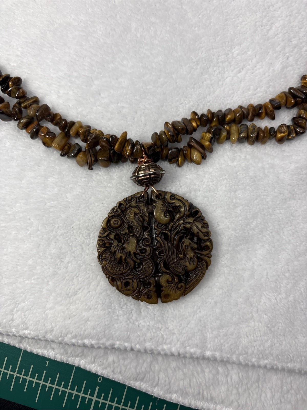 Dragon Pendant Tiger’s Eye Stone Polished Chip Bead Necklace Statement Jewelry