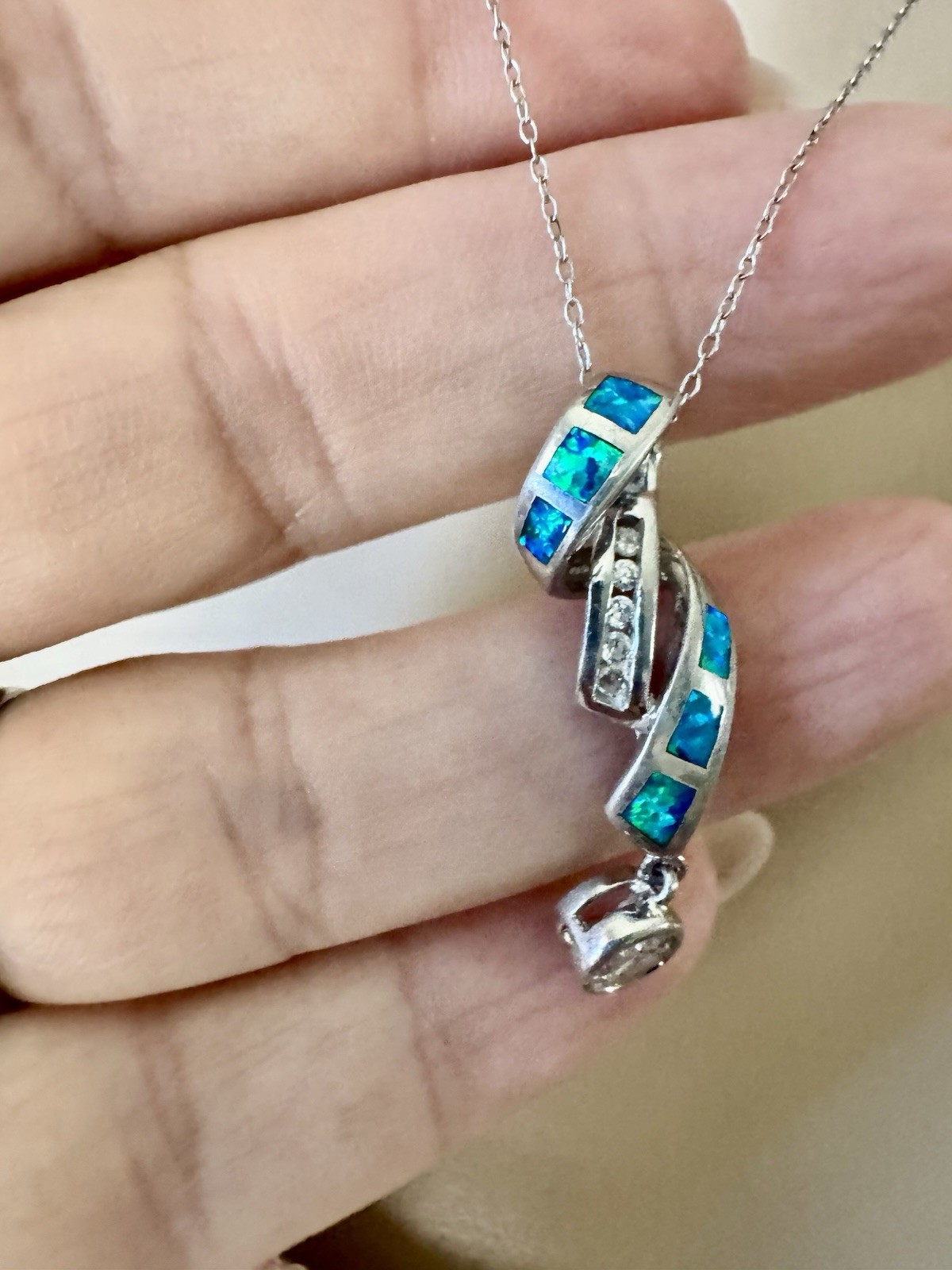 Sterling Silver 925 30mm Twisted Pendant necklace Lab Opals And Clear Stones 18”