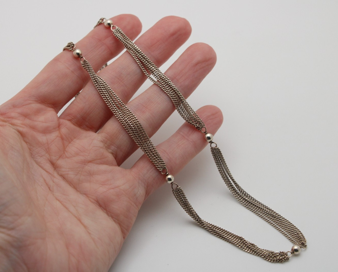 Vintage 925 Sterling Silver Italy Ball Bead Multi Curb Chain Station Necklace