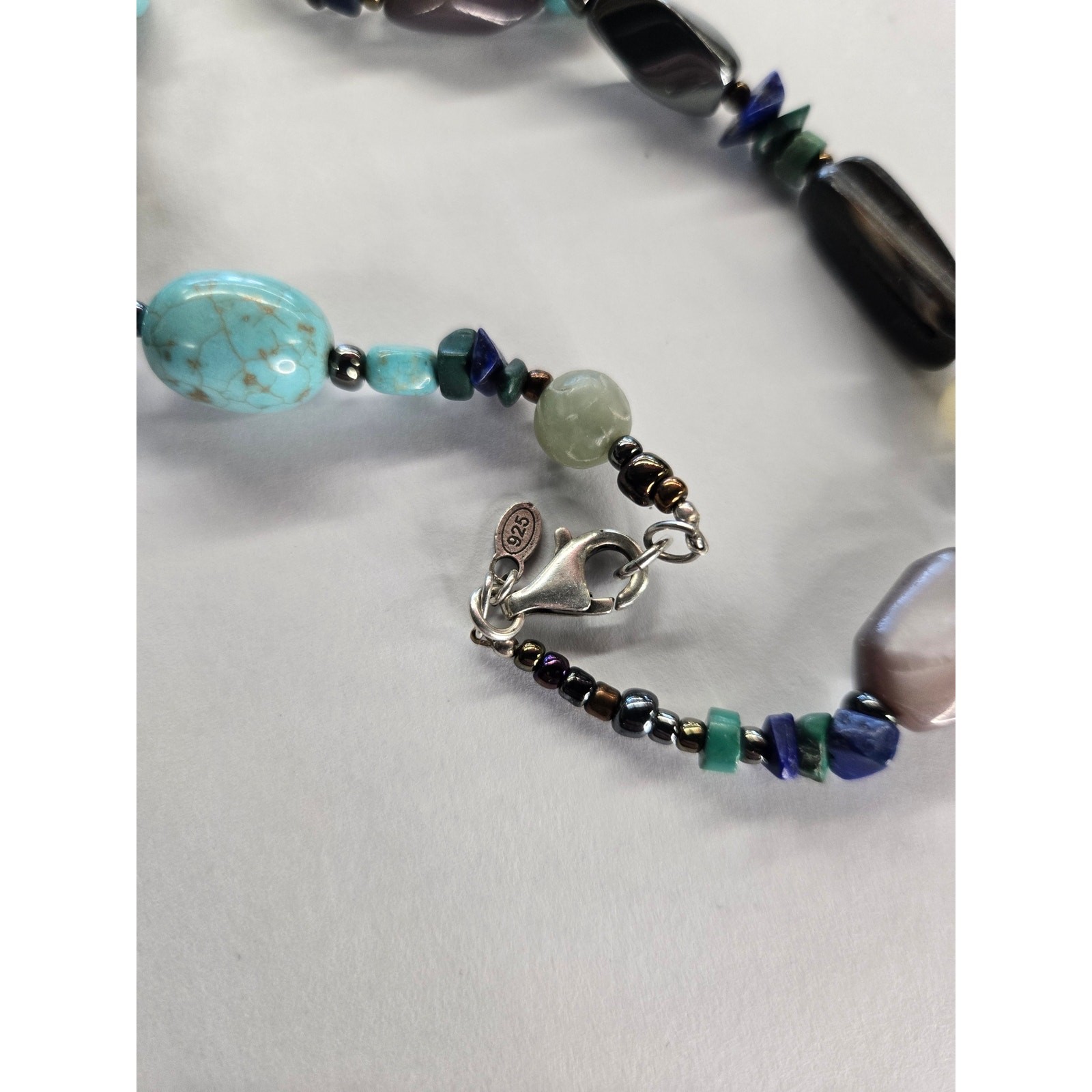 Coyote Bird Sterling Silver Multi Gemstone Beaded Necklace Artisan Boho 17.5″