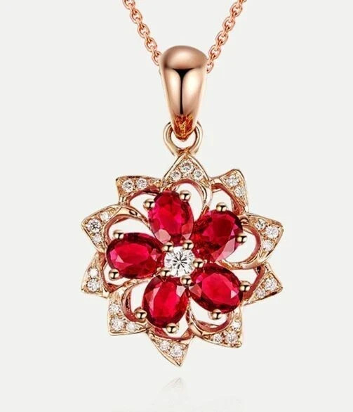 2.20 Ct Oval Cut Red Ruby Flower Shape Pendant with Chain 14K Rose Gold Finish