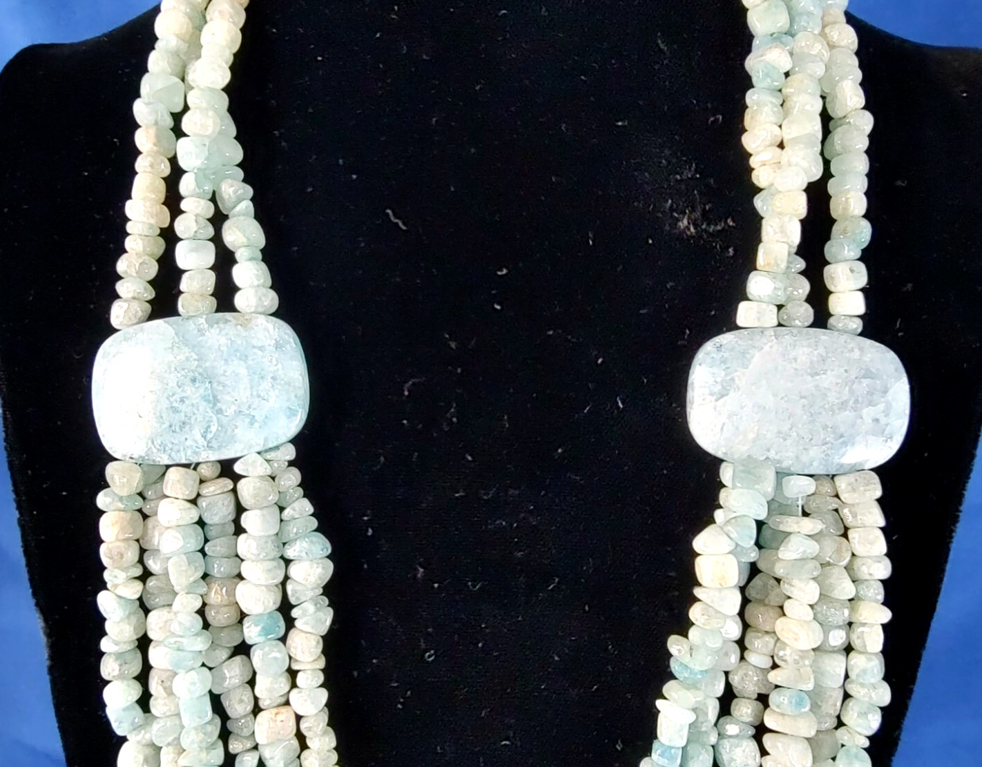 Natural Aquamarine Stone and Bead Multi-Strand Necklace Signed 925 RB
