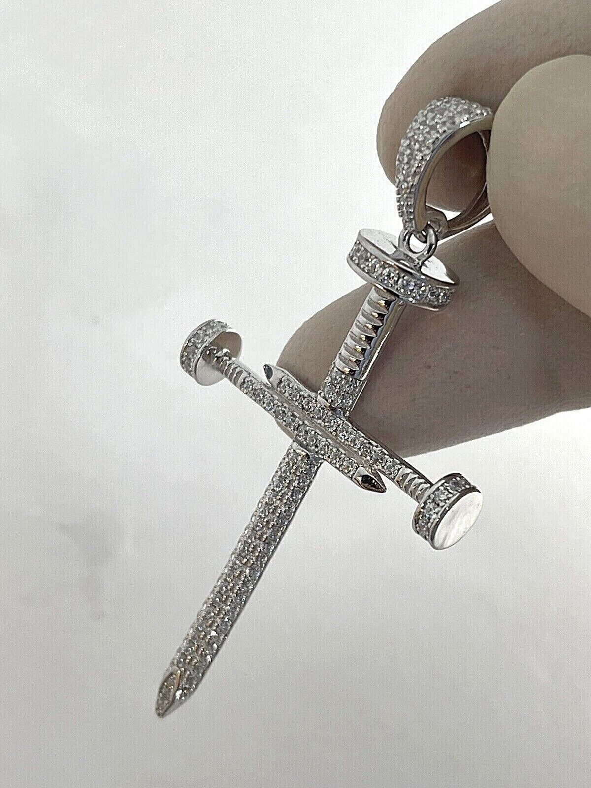 1.00Ct Lab Created Diamond Round Nail Cross Pendant 14K White Gold Silver Plated