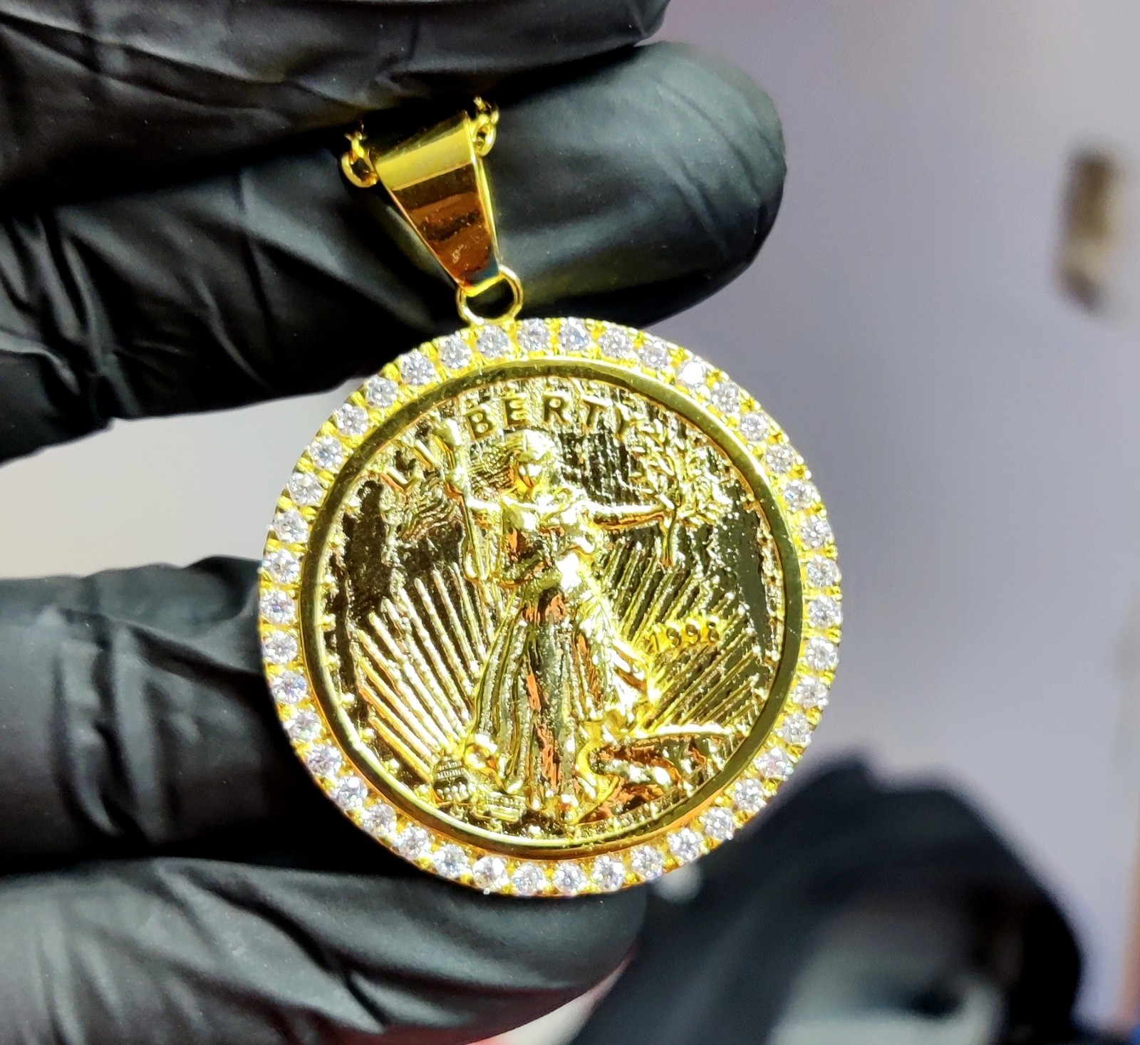 1.20Ct Round Cut Lab Created Diamond Liberty Coin Pendant 14K Yellow Gold Plated