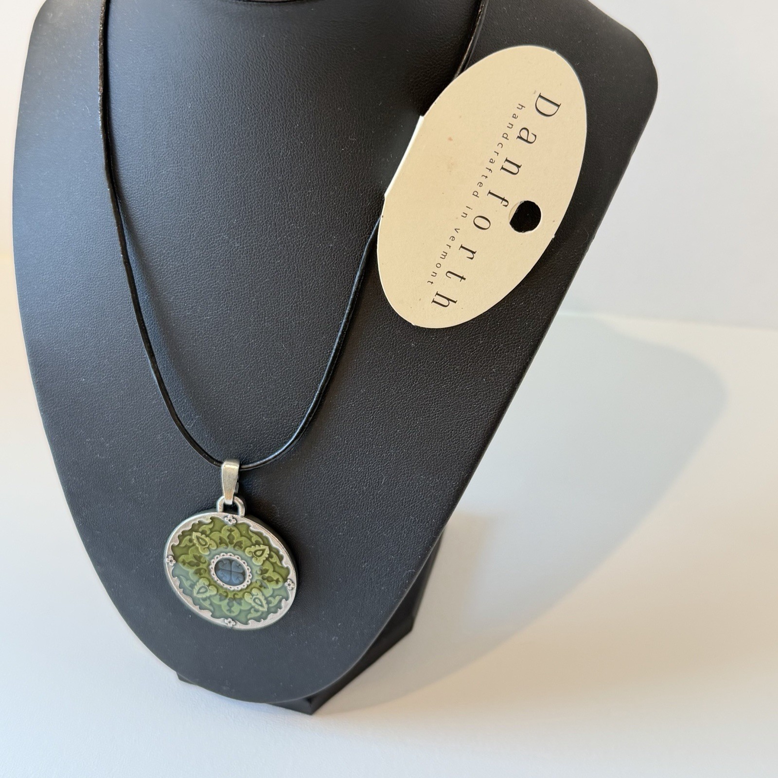 Danforth Pewter Handcrafted Medallion Pendant Green & Blue Mandala 16-17″