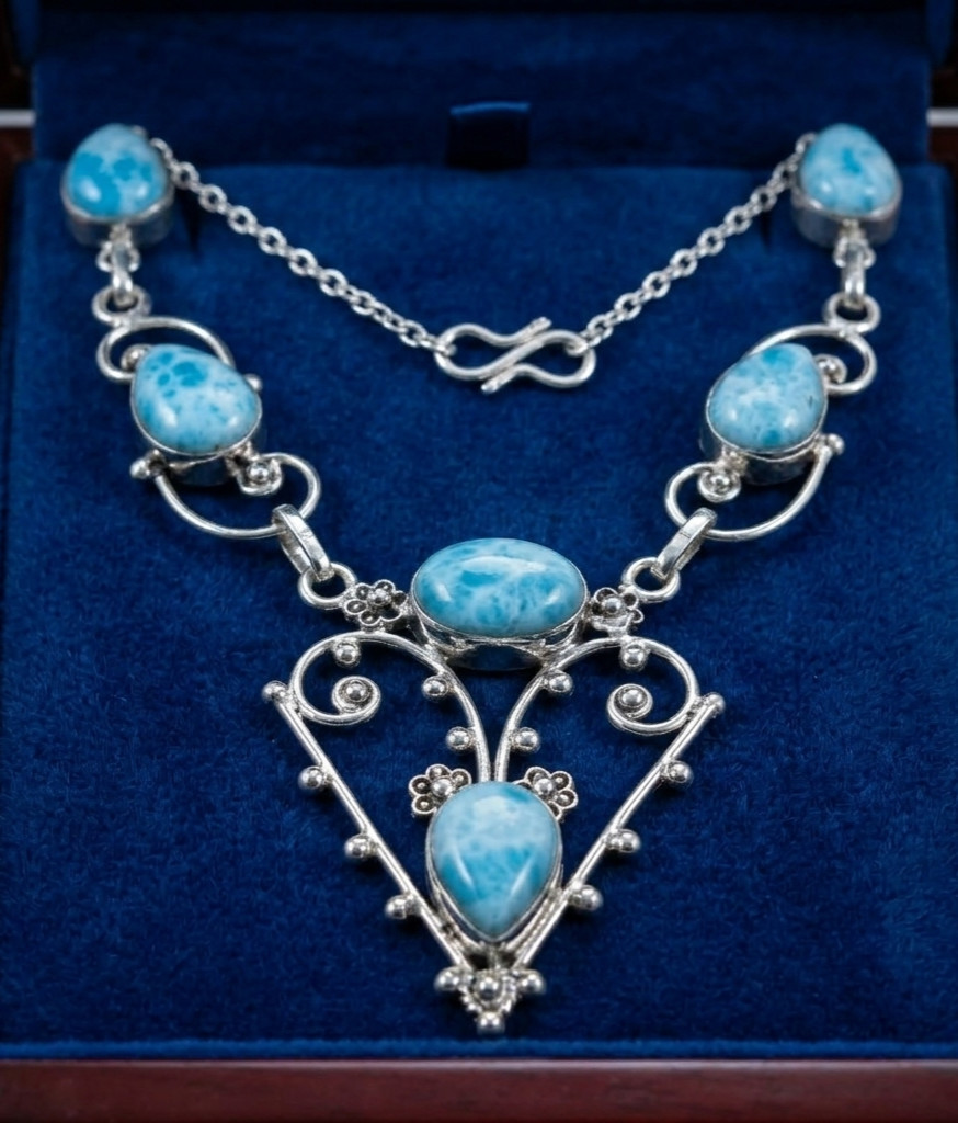 Beautiful Larimar Necklace 925 Sterling Silver Handmade Gemstone Jewelry S-18 in