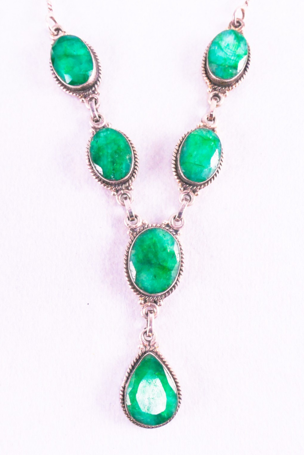 925 Sterling Silver Faceted Raw Emerald Y Drop Necklace 16-17″ 26.94 Grams