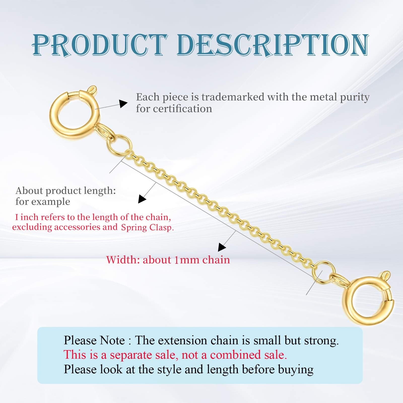 1″/2″/3″/4″/5″ Necklace Extender Chain with Double Spring Clasp 14K Yellow Go…