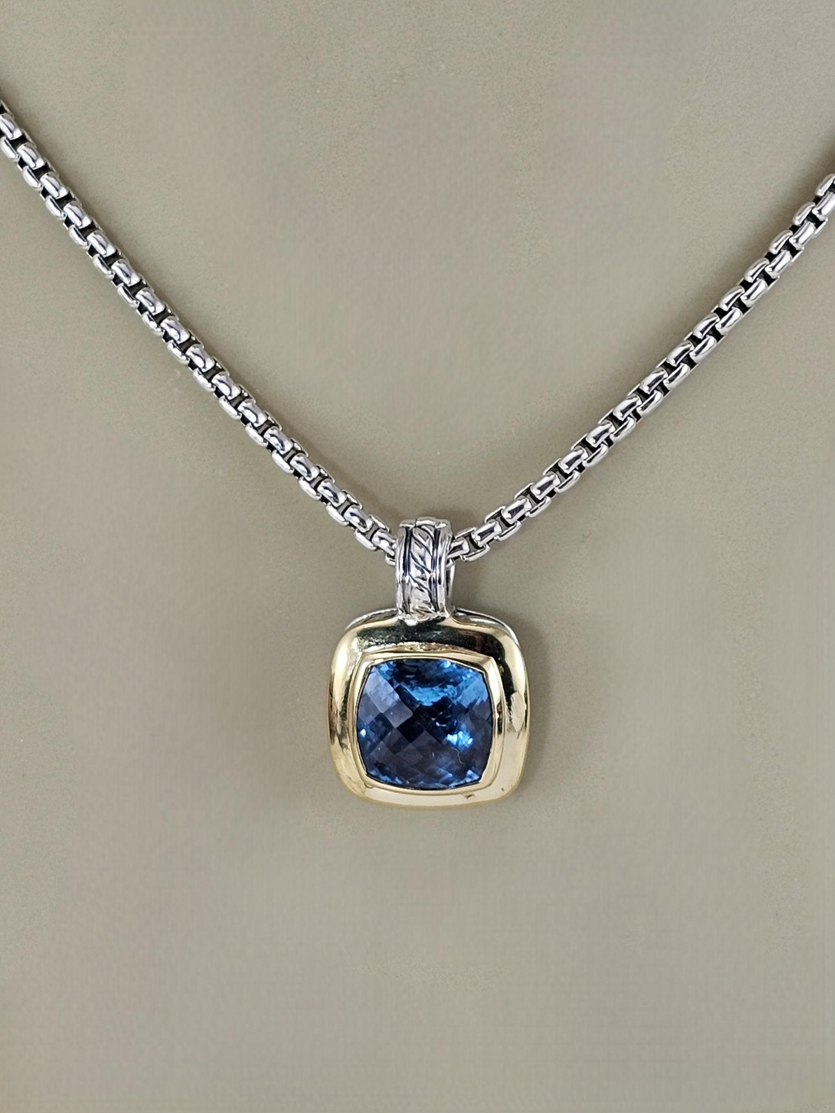 David Yurman Sterling Silver 18K Gold Blue Topaz Albion Pendant Necklace #25477