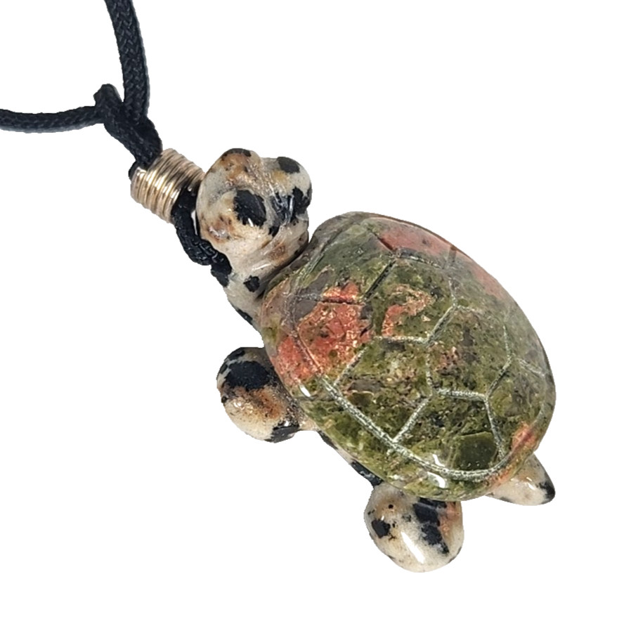 Unakite Carved Stone Tortoise Pendant Necklace Green Orange 1″ Black Cord