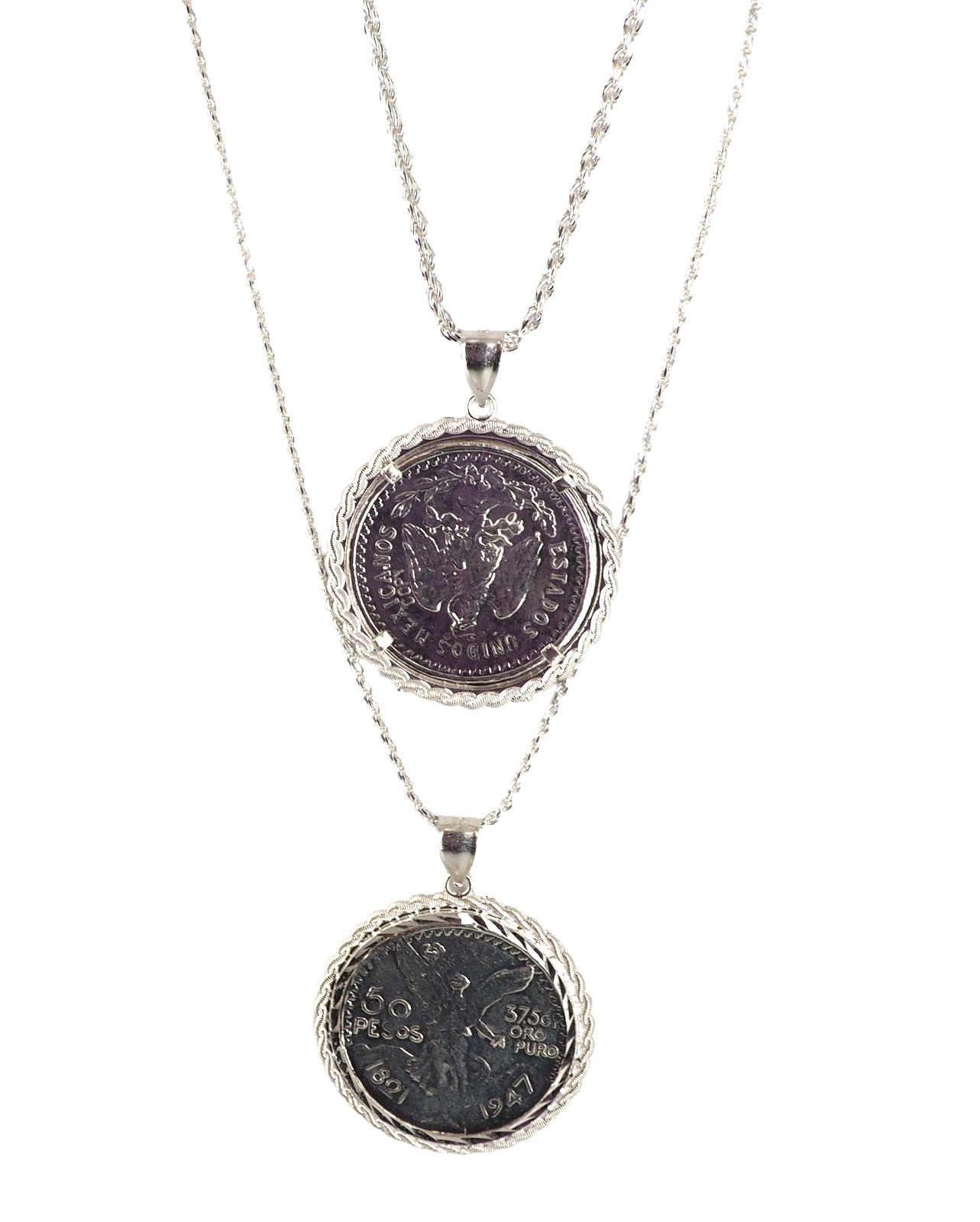 925 Sterling Silver Mexican 50 Peso Centenario Coin Bezel Rope Pendant Necklace
