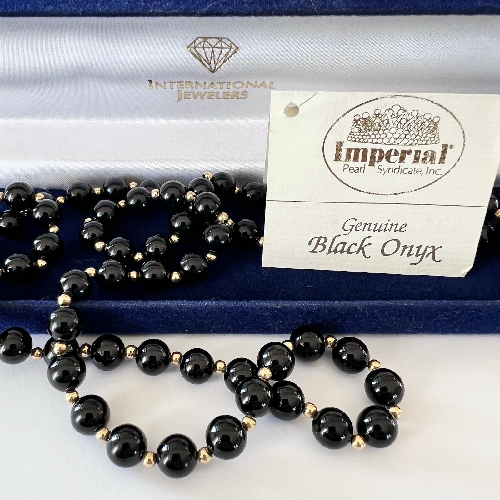 International Pearl Syndicate 8mm Black Onyx and Gold Bead Necklace – 30”/49.77g