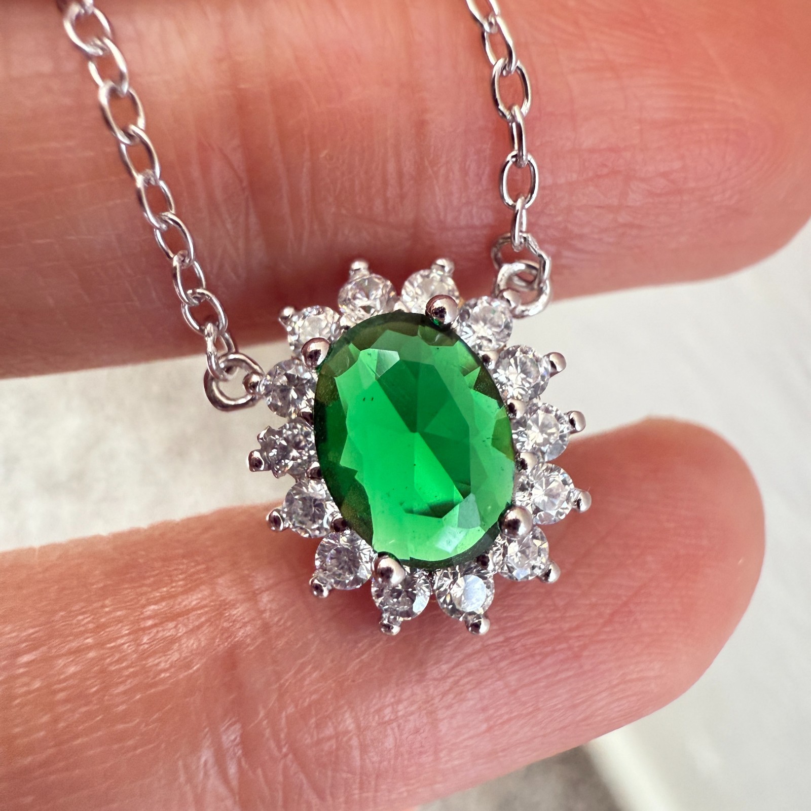 925 Sterling Silver Necklace 8x6mm Natural Emerald Zircon Flower Handmade Chain