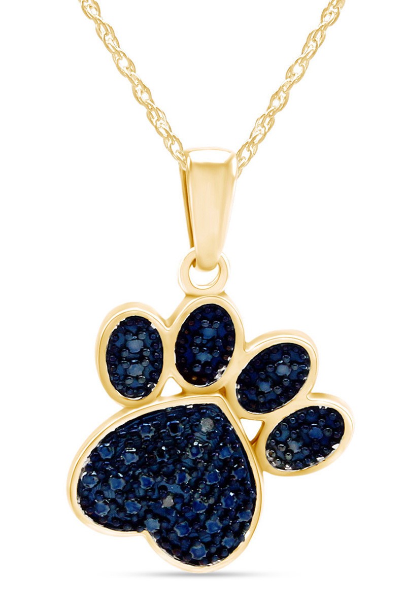 Blue Real Diamond Accent Paw Print Pendent 18″ Necklace 10K Yellow Gold Plated