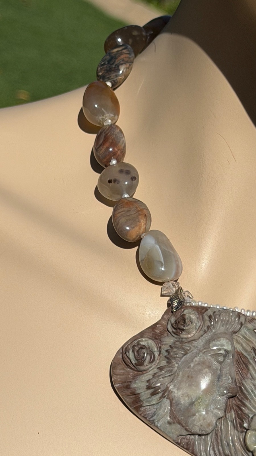 HAND CARVED EARTH MOTHER POLYCHROME JASPER PENDANT NECKLACE AND EARRING SET