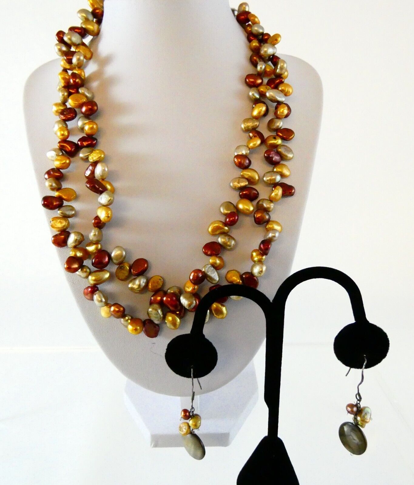 Sterling Silver CGI Two Strand Pearl Necklace with MOP Earrings Set 925 18-21 In