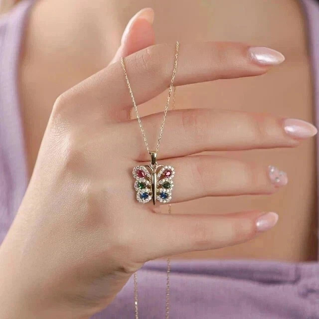 Lab Created Pear Cut Blue Sapphire Butterfly Pendant 14k White Gold Plated