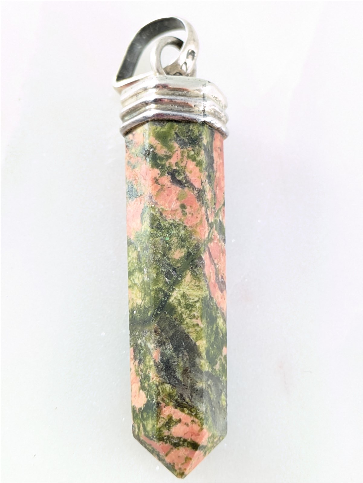 Vintage Solid Sterling Silver Pink Green Unakite Crystal Point Pendant 8 Grams