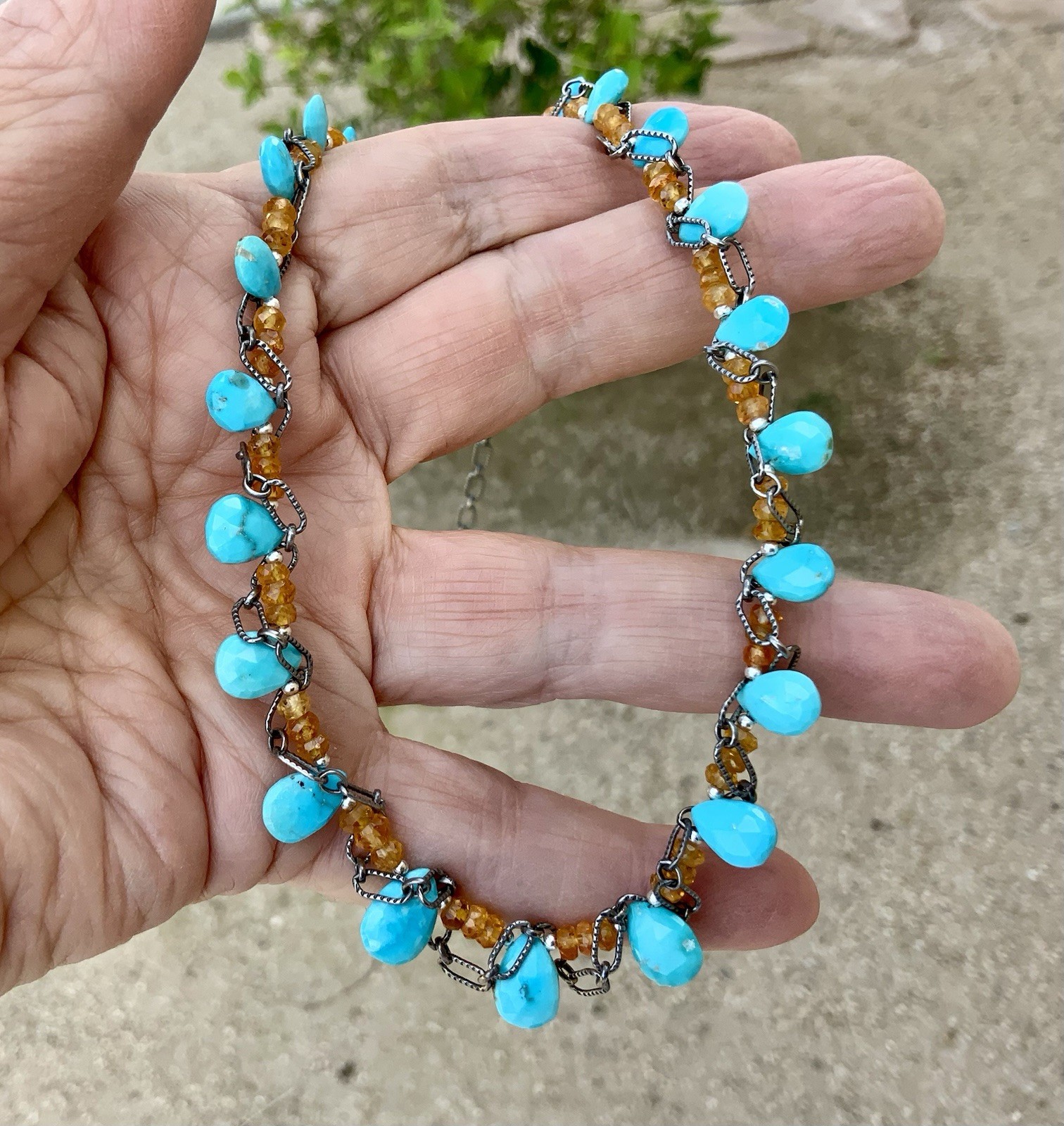 Turquoise and Orange Sapphire Necklace 925 Sterling Silver