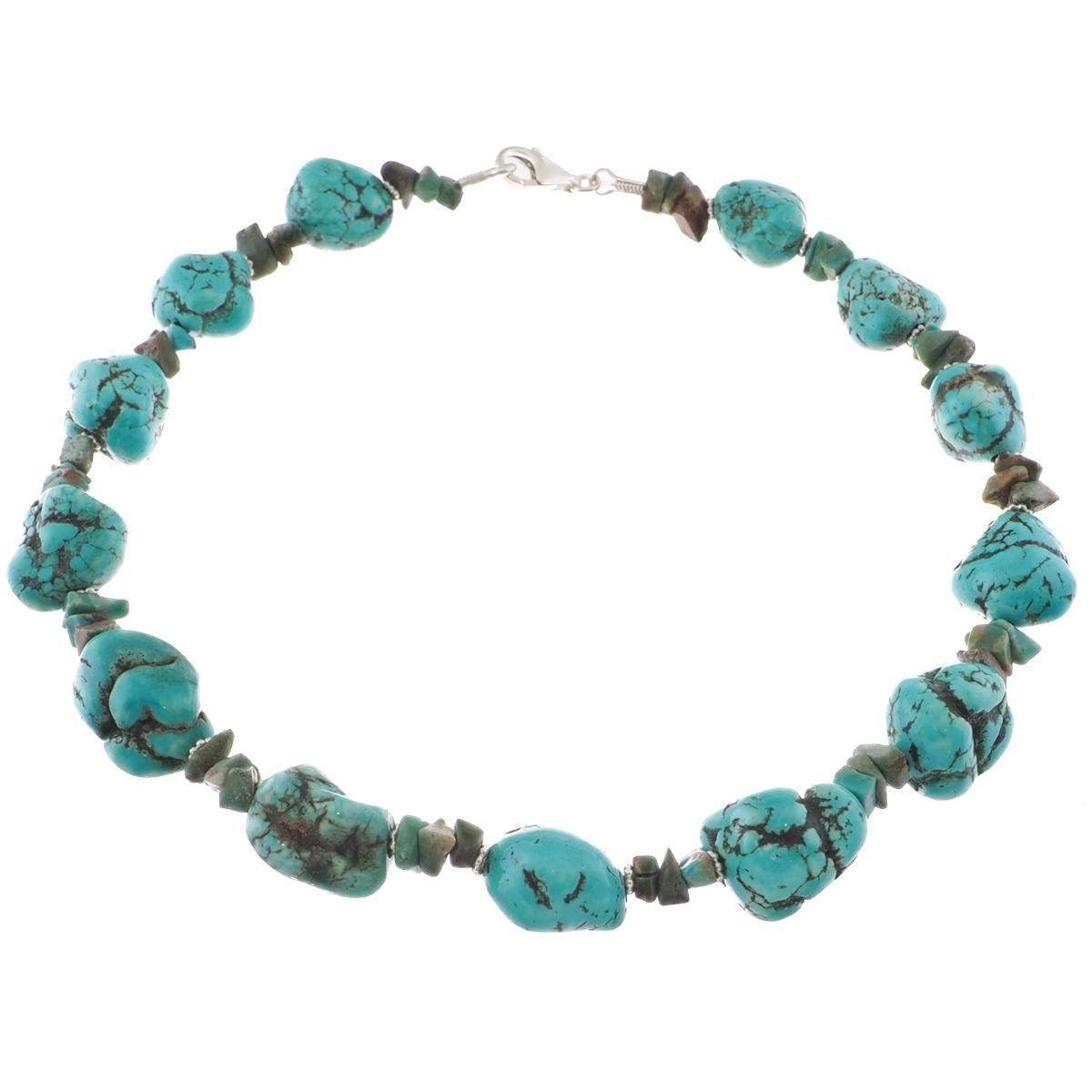 925 Sterling Silver And Chinese Turquoise Nuggets Necklace, 17″