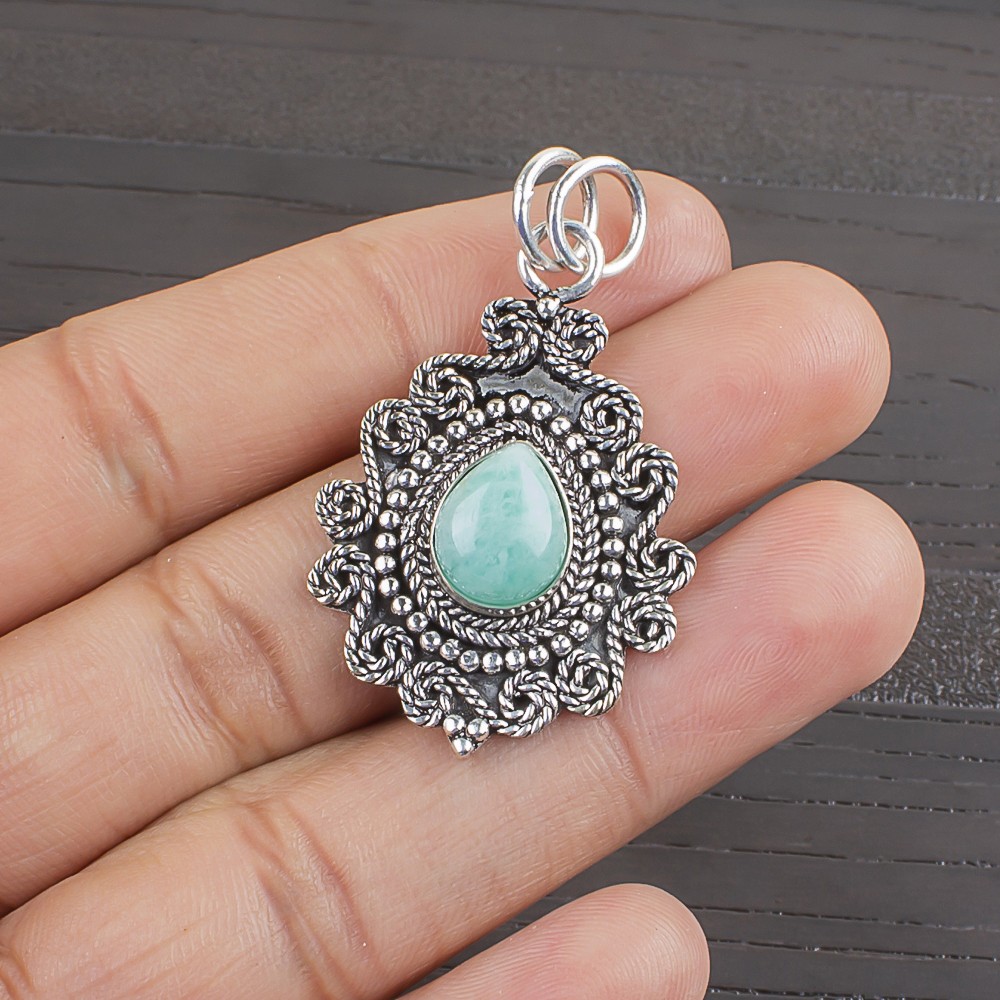Pear Amazonite Stone 925 Silver New Bezel Anniversary Elegant Pendant Jewelry