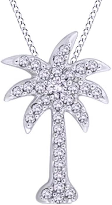Beautiful White Natural Diamond Palm Tree Pendant in 10K Solid Gold