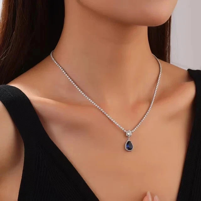16Ct Pear Cut Lab-Created Blue Sapphire & Diamond Necklace 14K White Gold Plated