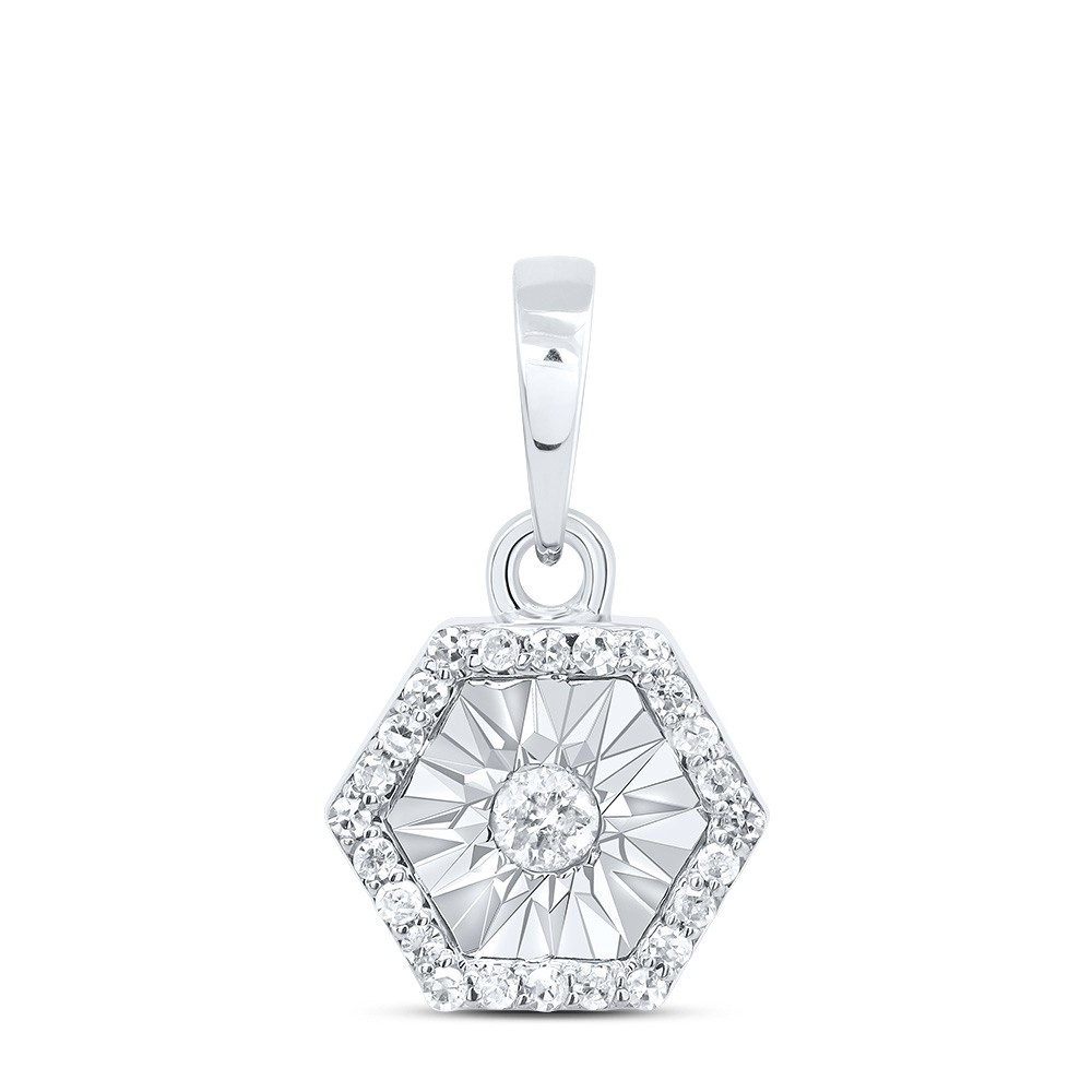 0.1 Ctw Natural Diamond Illusion Setting Center Hexagon Shape Pendant 10k White