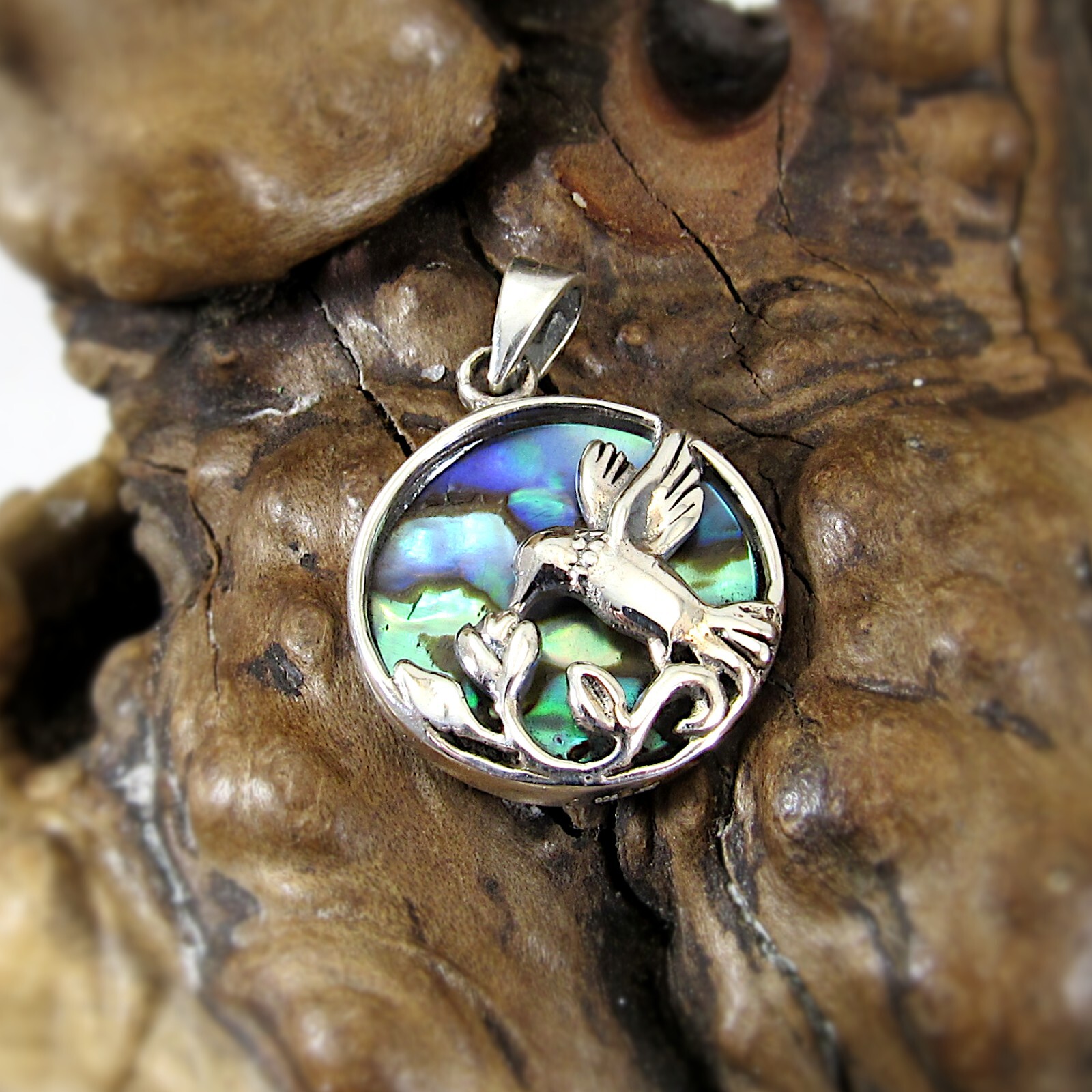 Solid 925 Sterling Silver Hummingbird Flower Pendant w/ Abalone Paua Shell