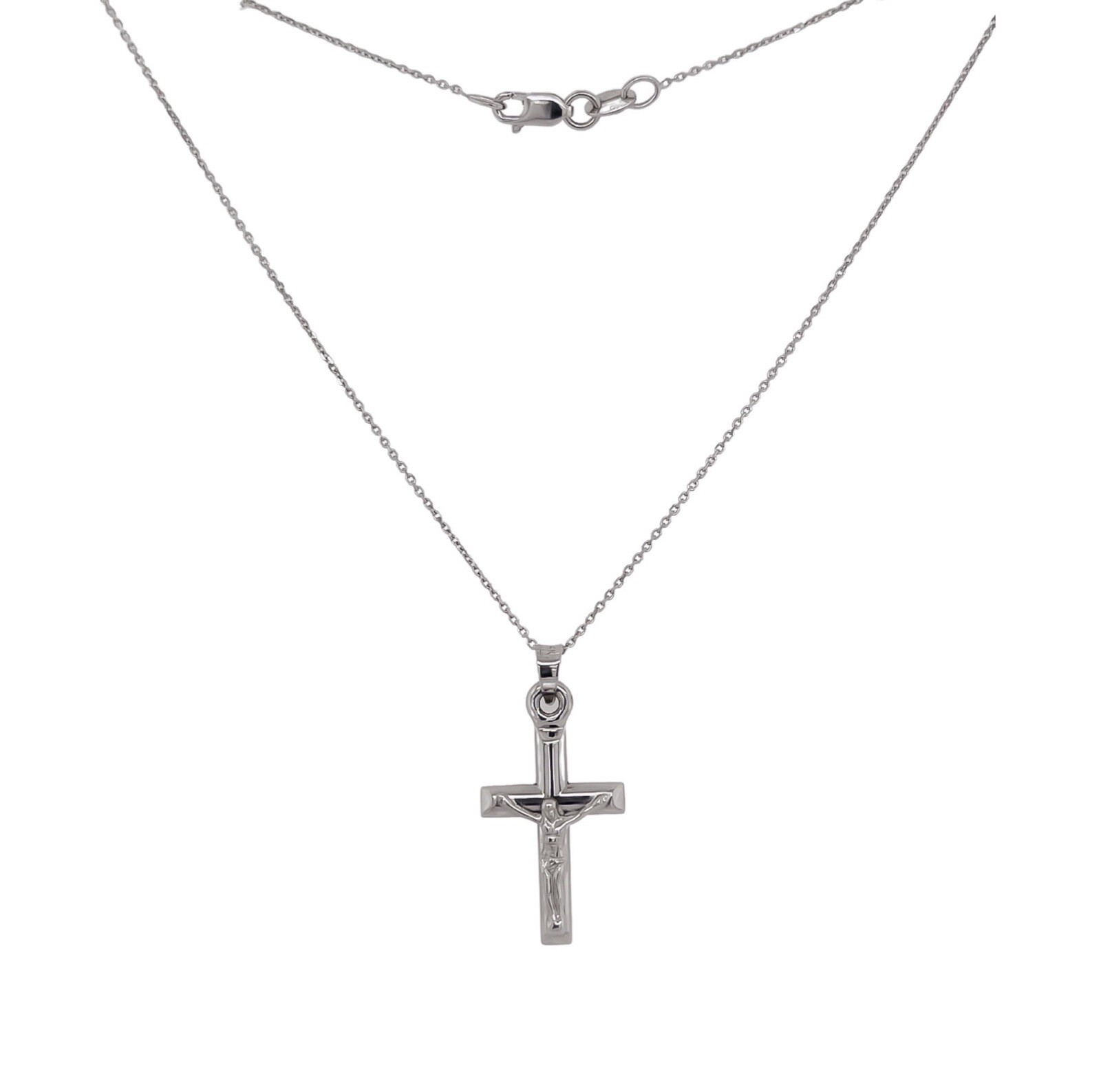 14k Gold Fancy Necklace Hollow White Gold Light Cross w/ D-Cut Rolo Chain 18″
