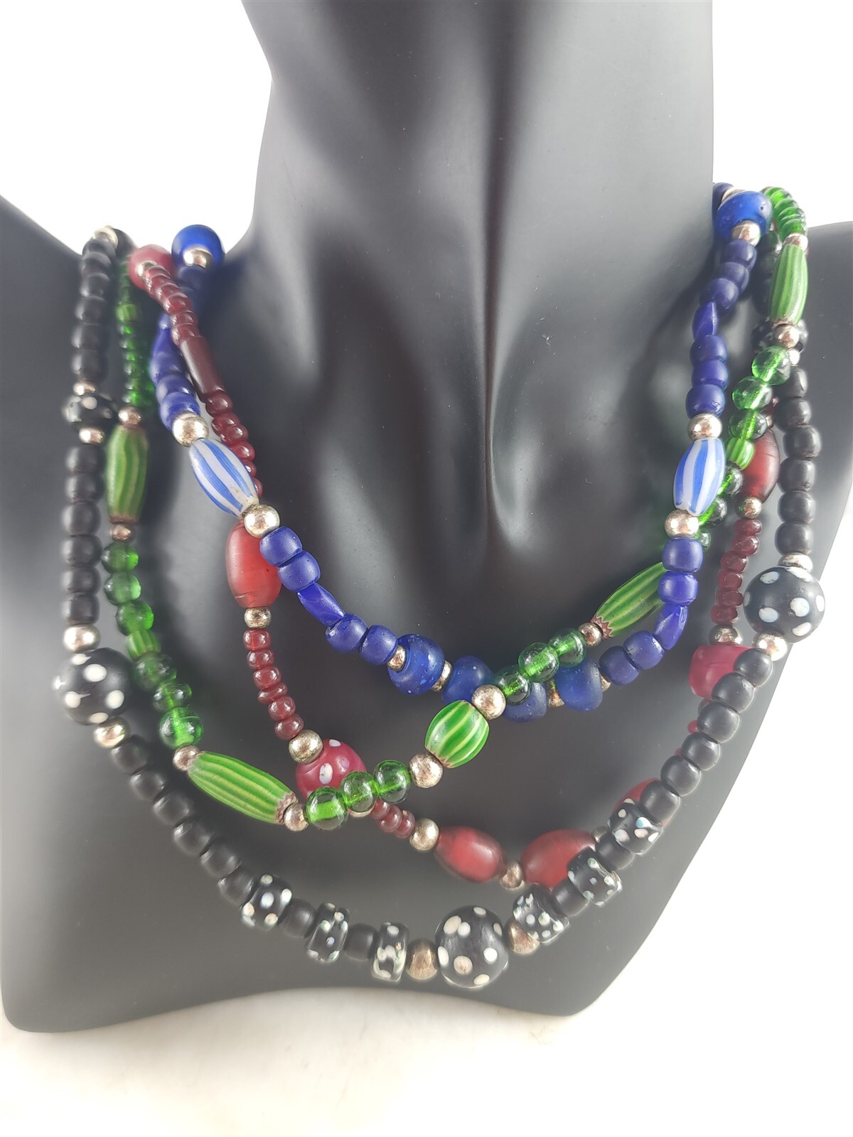 Vintage Sterling Silver Green Blue Black Red Glass Beaded Necklace 104 Grams