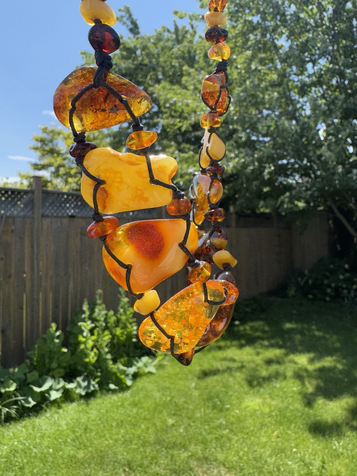 OOAK Natural Baltic Amber Statement Necklace Handmade Freeform Slab Macrame