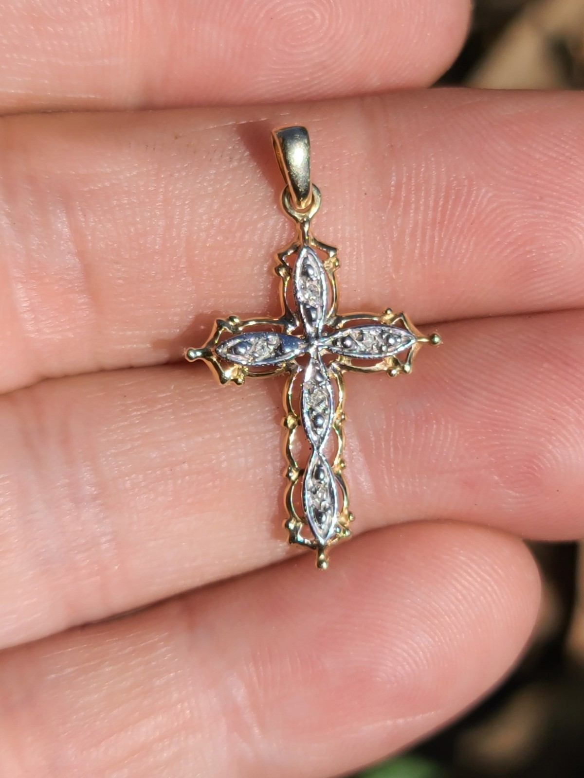10k Solid Yellow & White Gold Diamond Cross Necklace Pendant 1.22″ Signed .99g