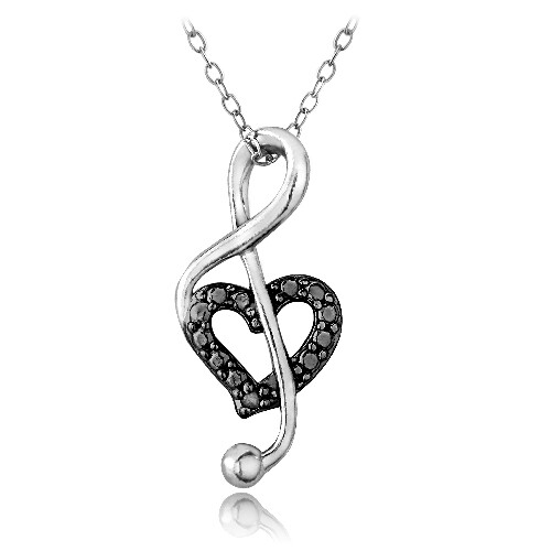 925 Silver Black Diamond Accent Music Note Heart Necklace, 18″