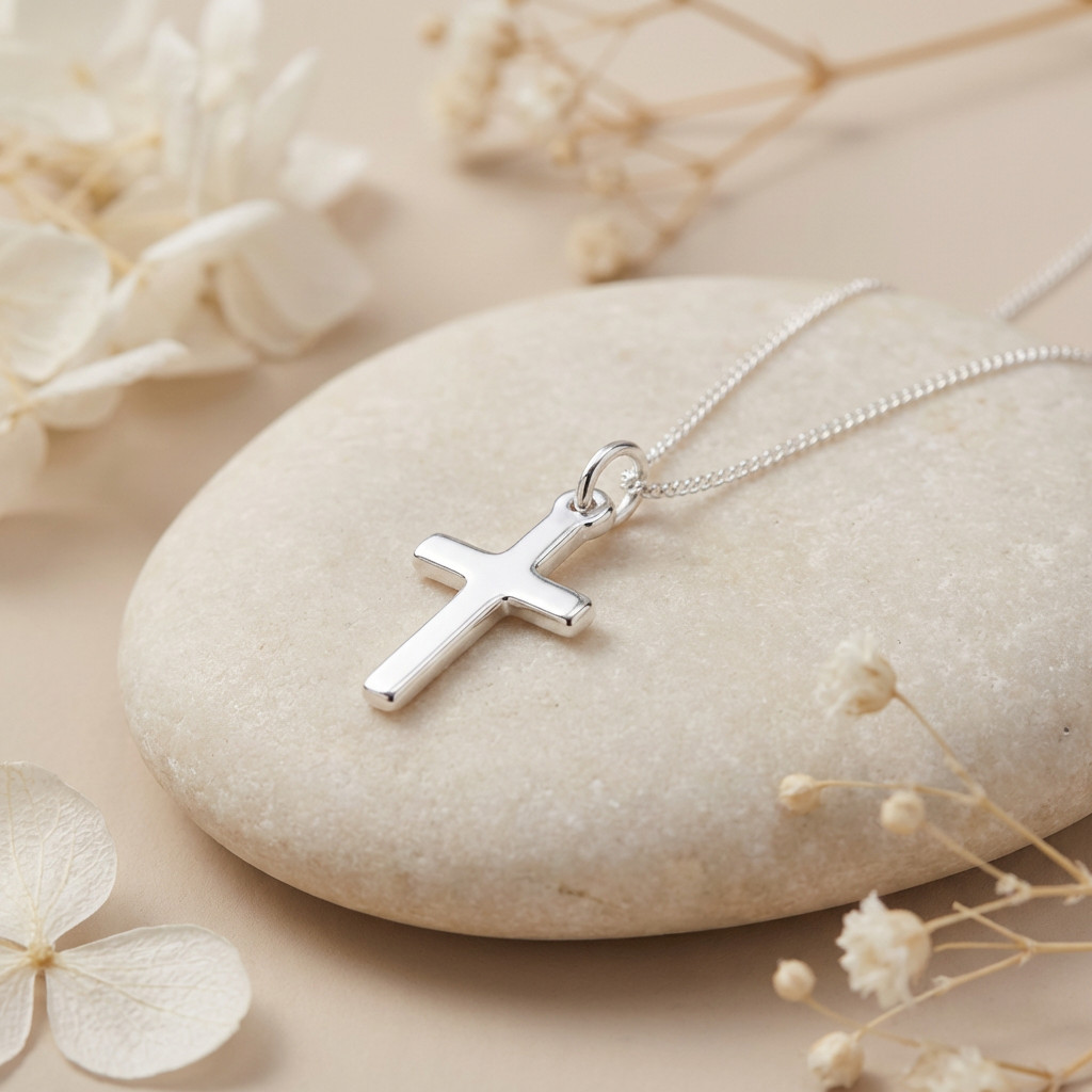 Sterling silver plain Cross pendant necklace with 16 inch chain and gift box