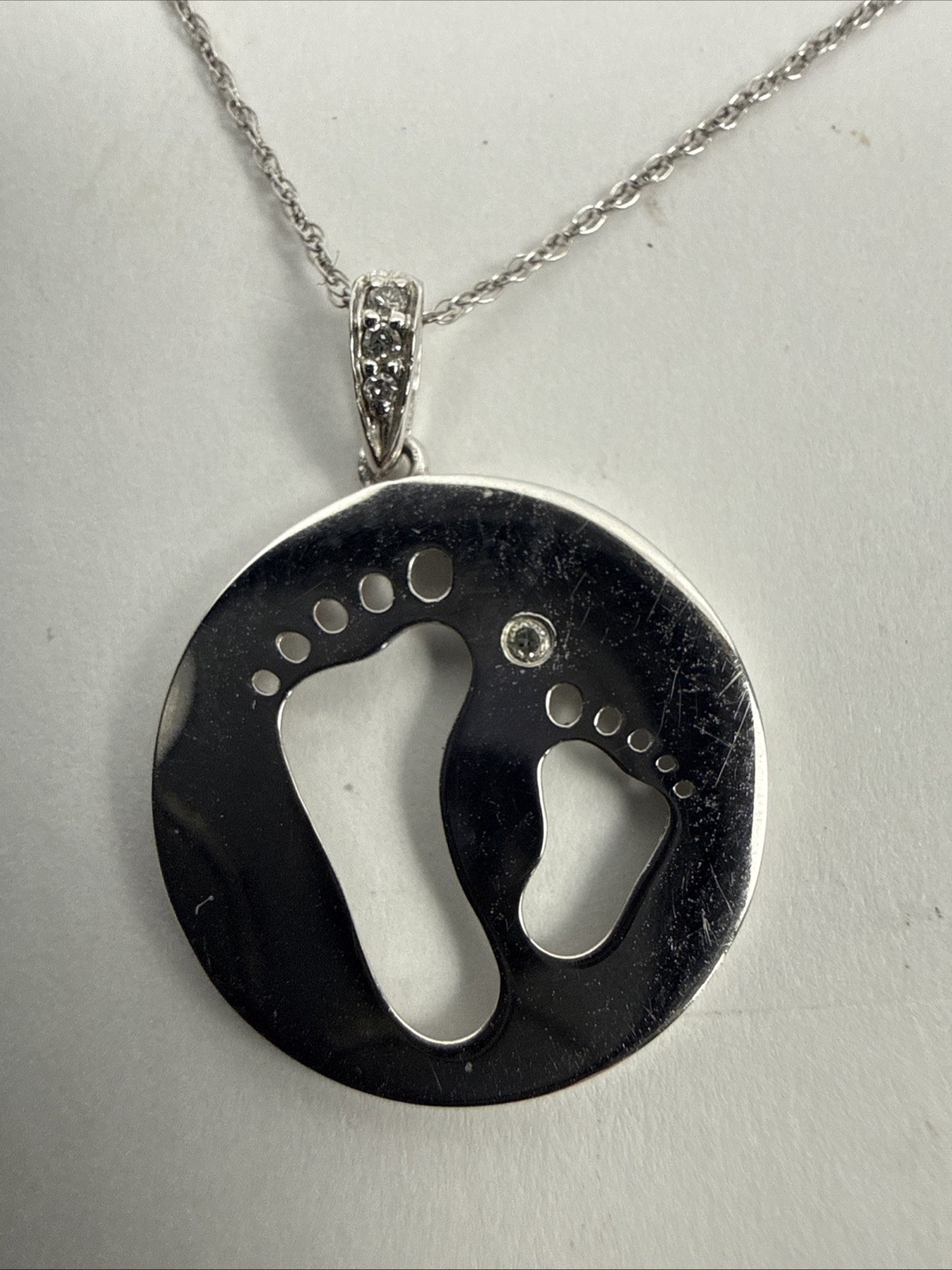 Tiny Toes Diamond Accent “Two Feet” Disc Pendant And Chain in 10K White Gold