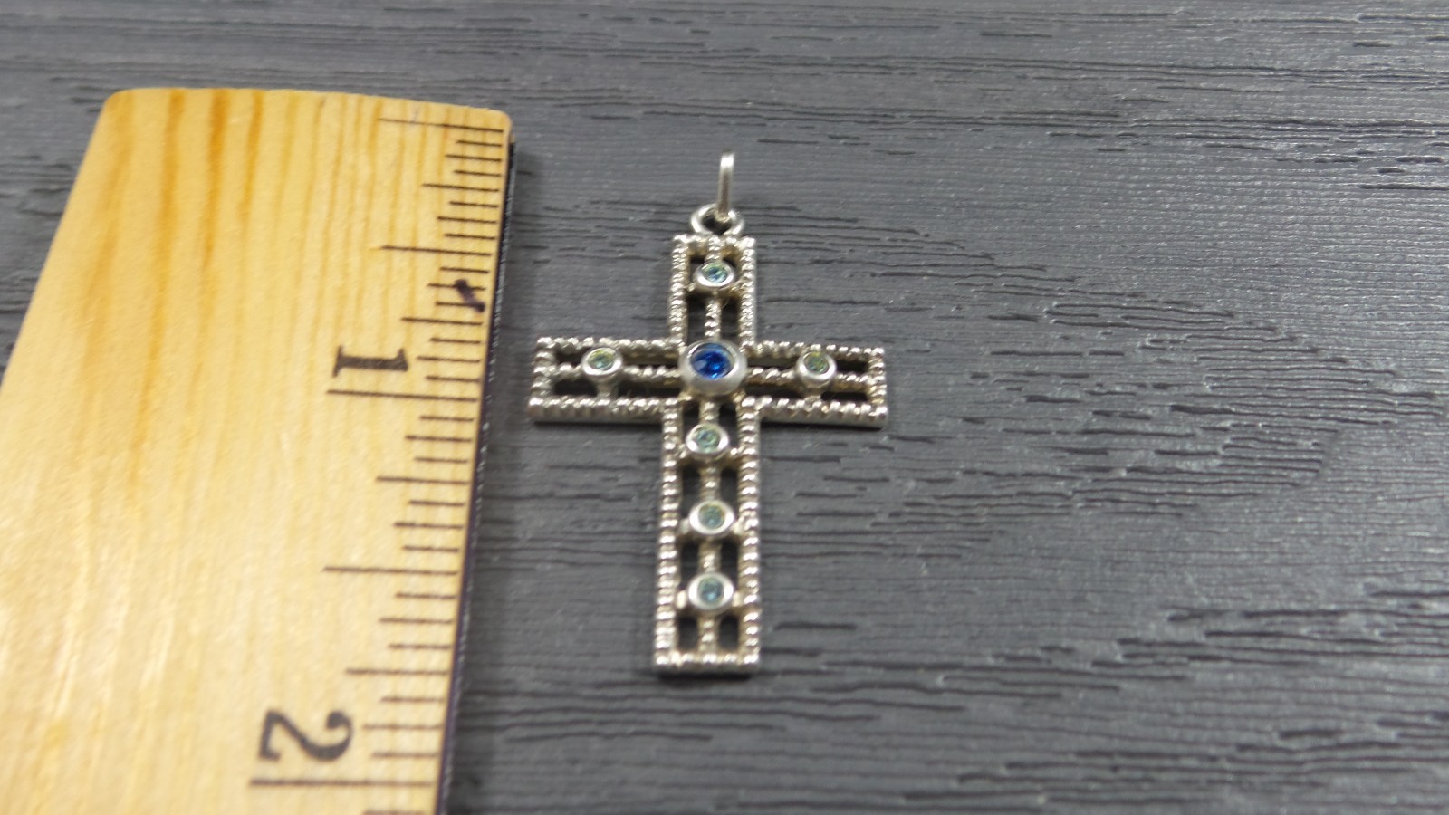 Vintage Sterling Silver Larger Green Blue Stone Religious Cross Rope Pendant