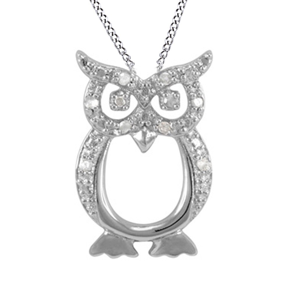Owl Pendant 1/10 ct April Birthstone Natural Diamond Sterling Silver 18″ Chain
