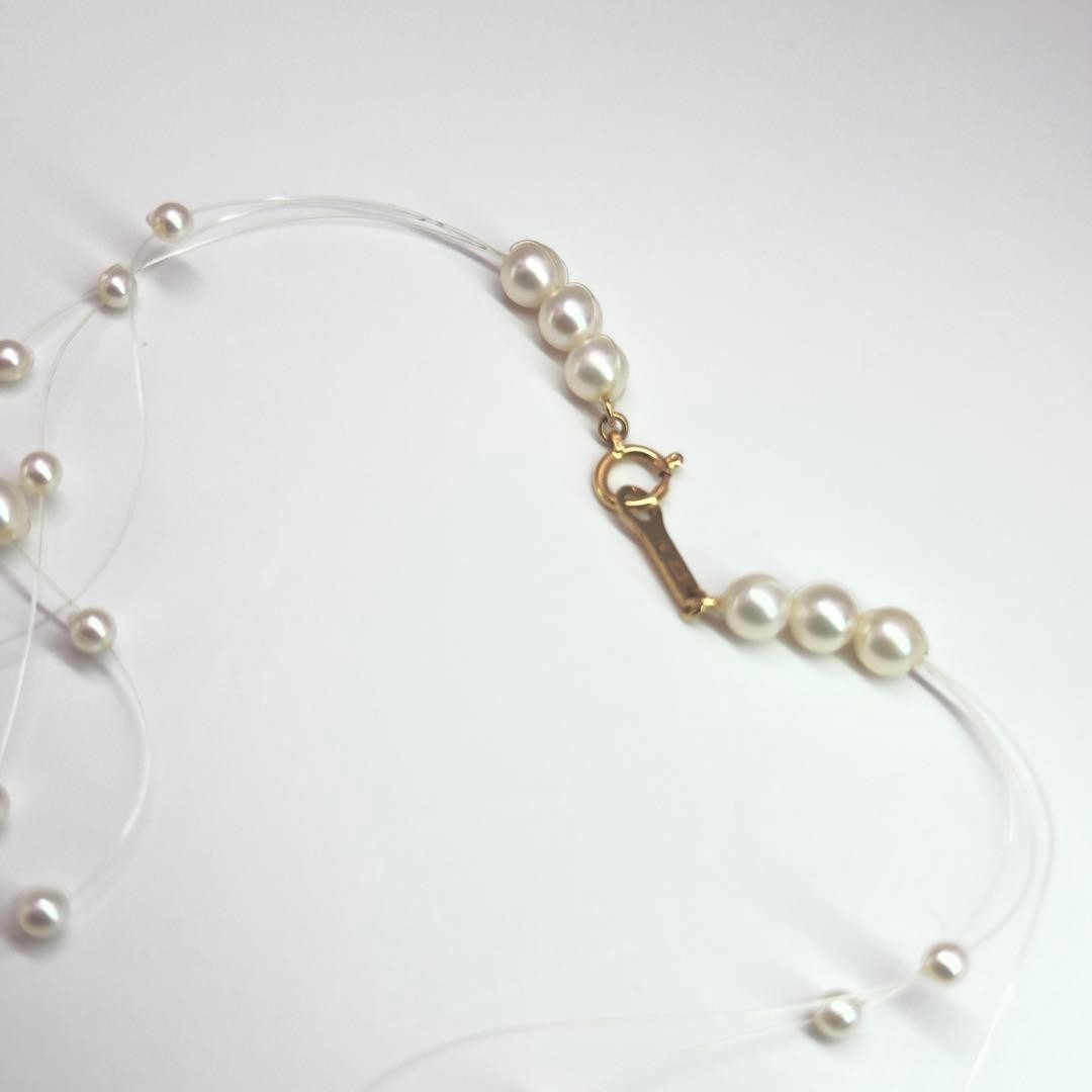TASAKI 18K White Pearl 3-Row Wire Necklace 3-5.2mm 40cm 6.8g Triple Strand w/Box