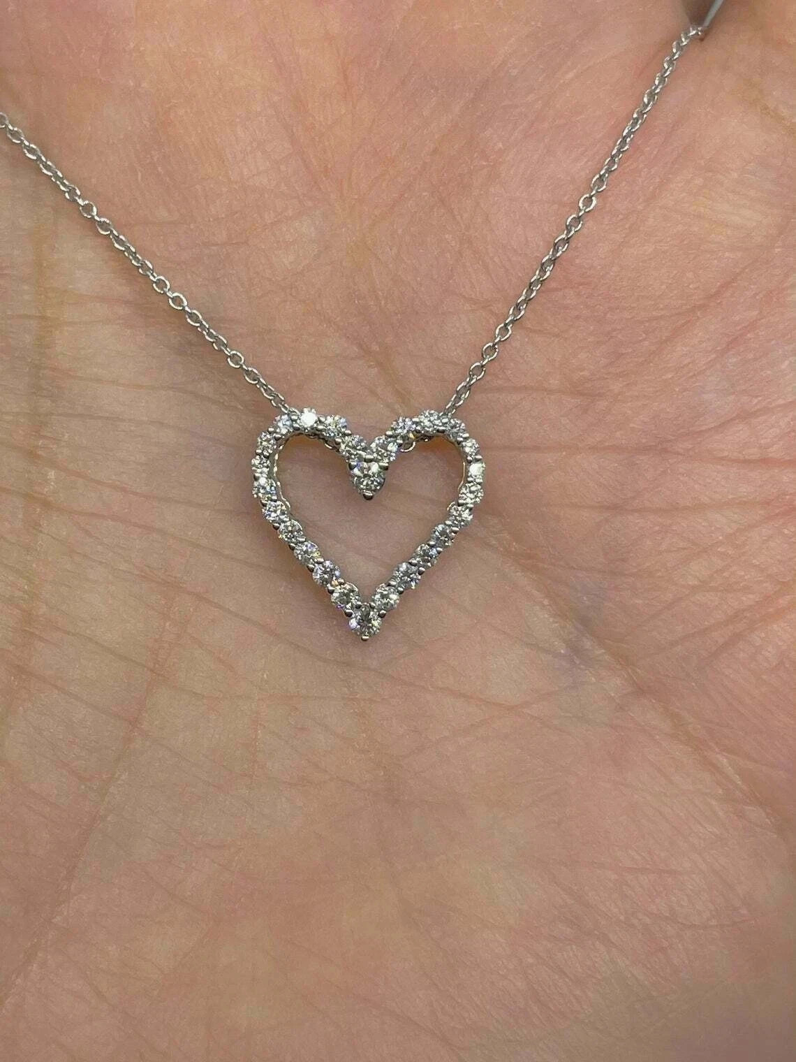 0.80Ct Round Cut Real Moissanite Open Heart Pendant 14K White Gold PLated Chain