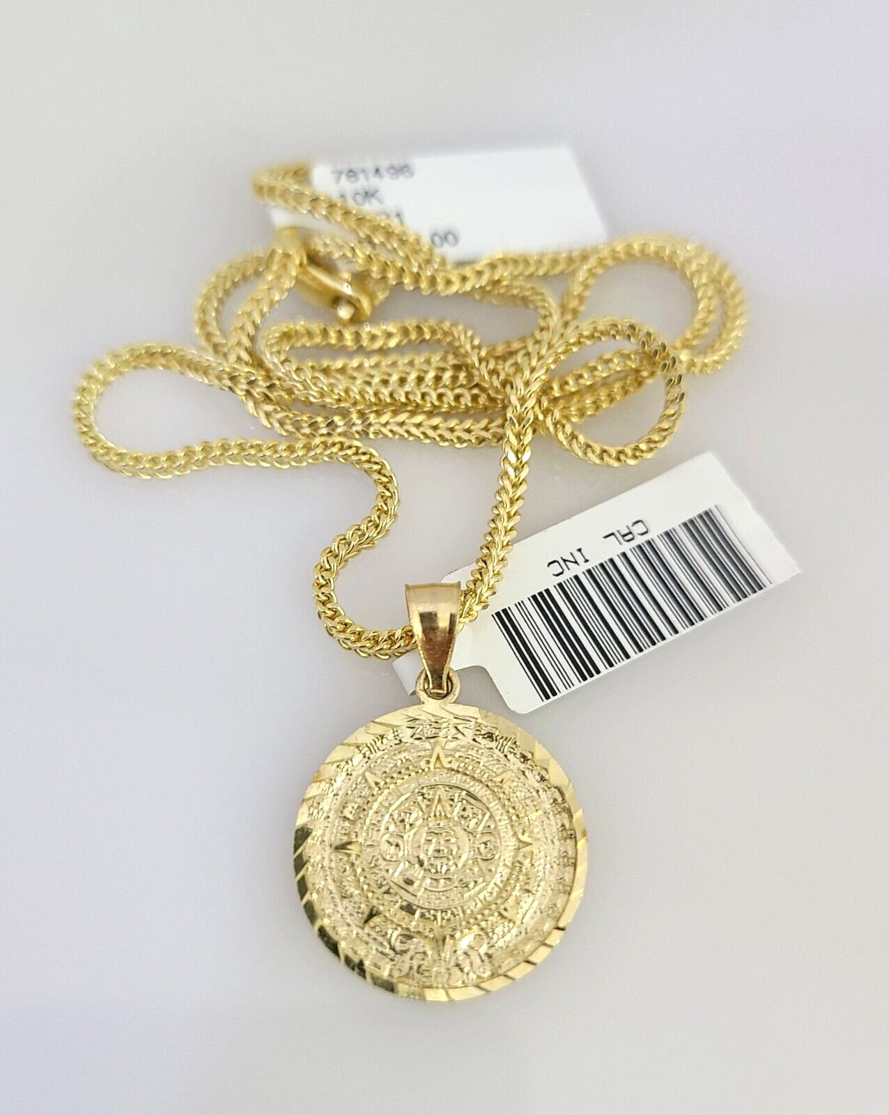 10k Gold Franco Chain Mayan Calendar Charm Pendant 2mm 18-24 Inches Necklace SET