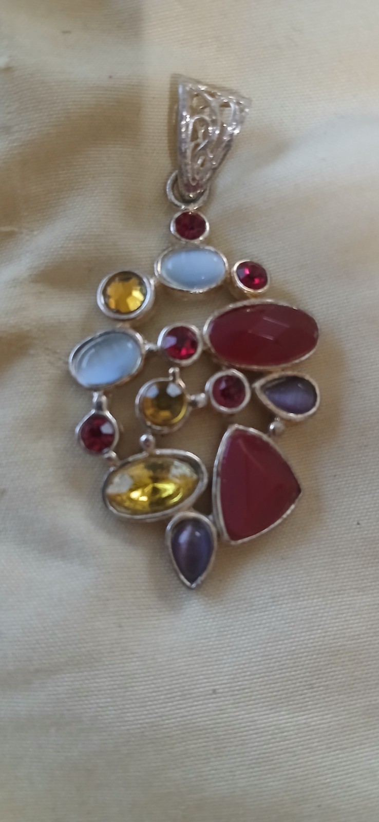 Sterling Silver 925 Multicolor Gemstone Statement Pendant Bezel Asymmetrical