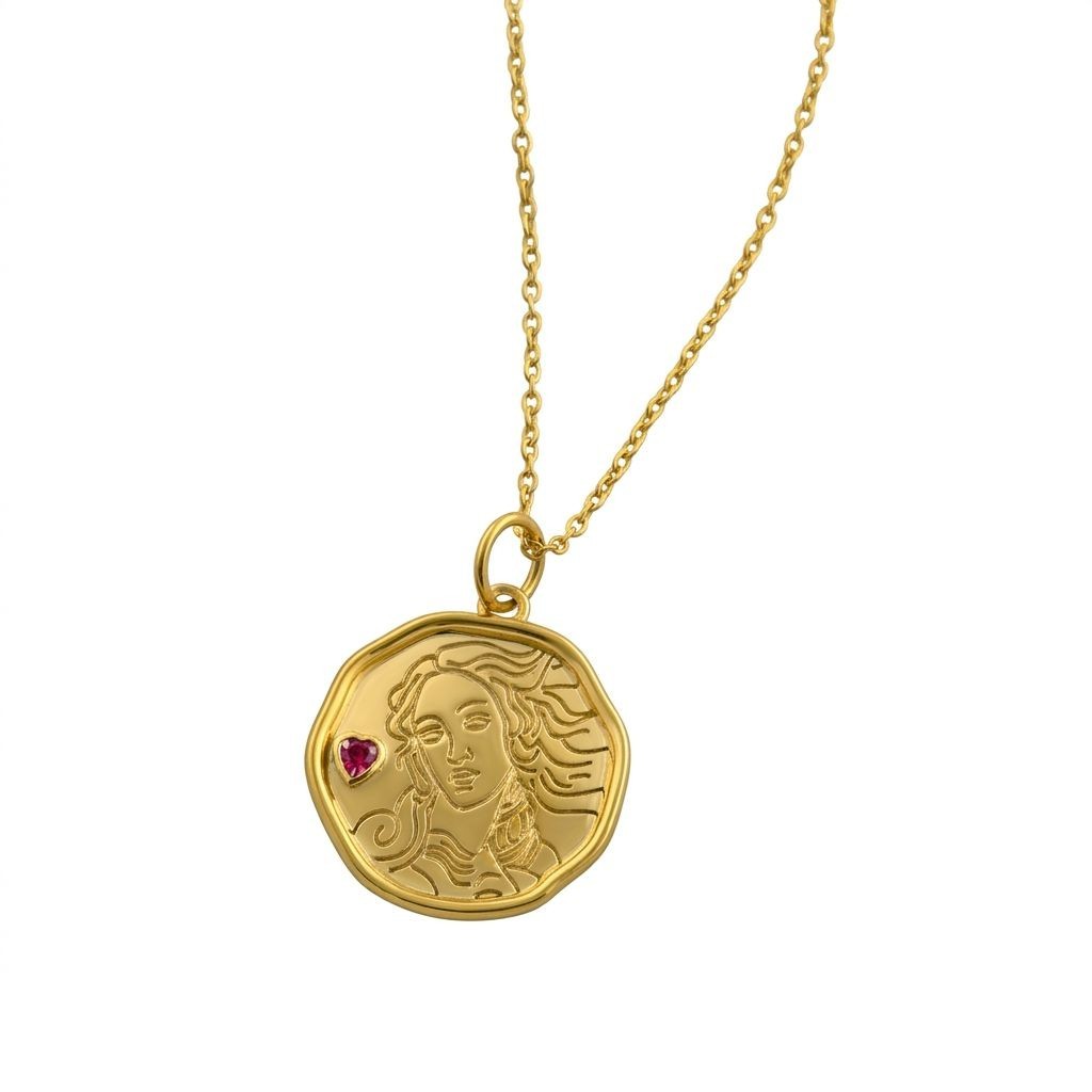 925 Sterling Silver Synthetic Lab Grown Ruby Coin Pendant Necklace Gold Plated