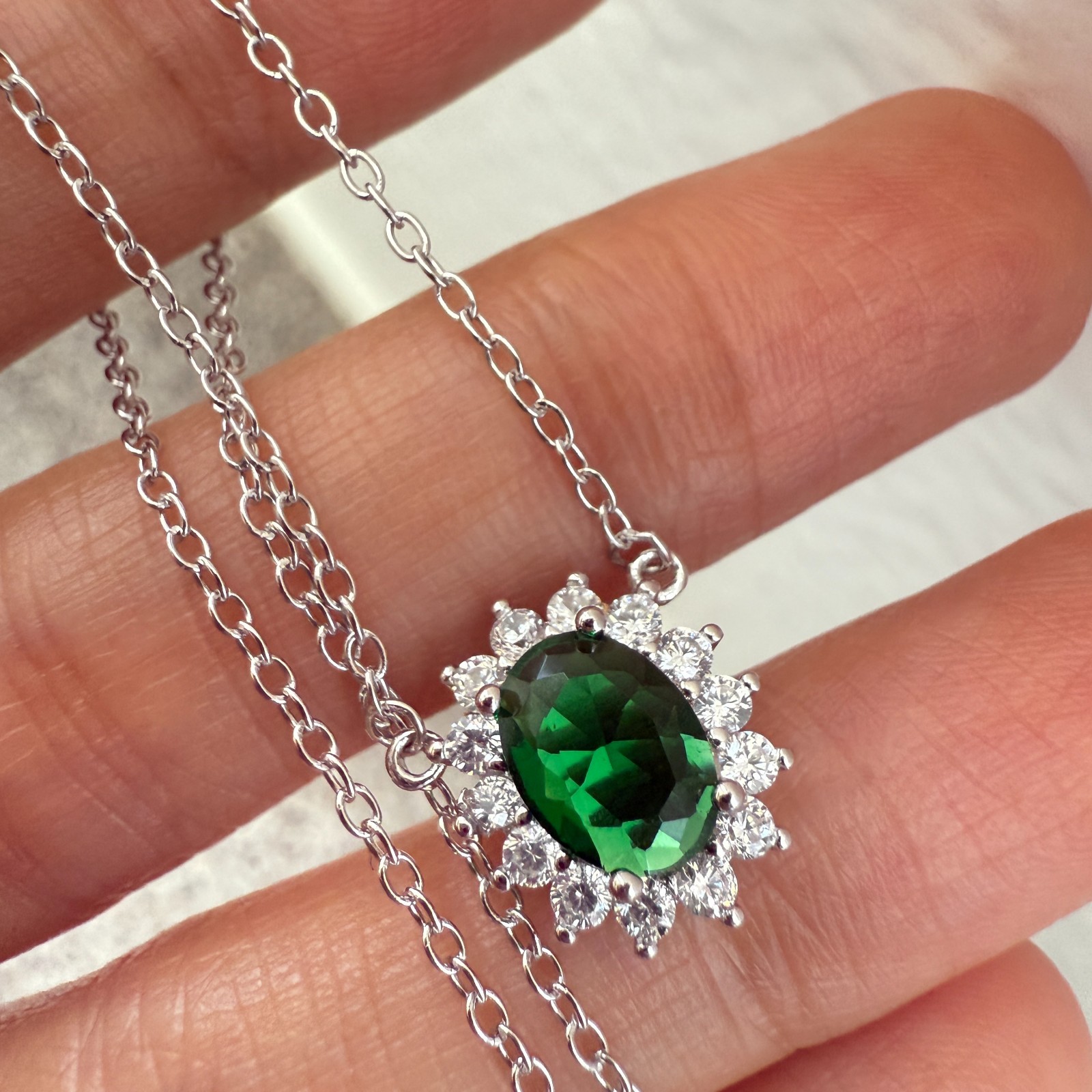925 Sterling Silver Necklace 8x6mm Natural Emerald Zircon Flower Handmade Chain