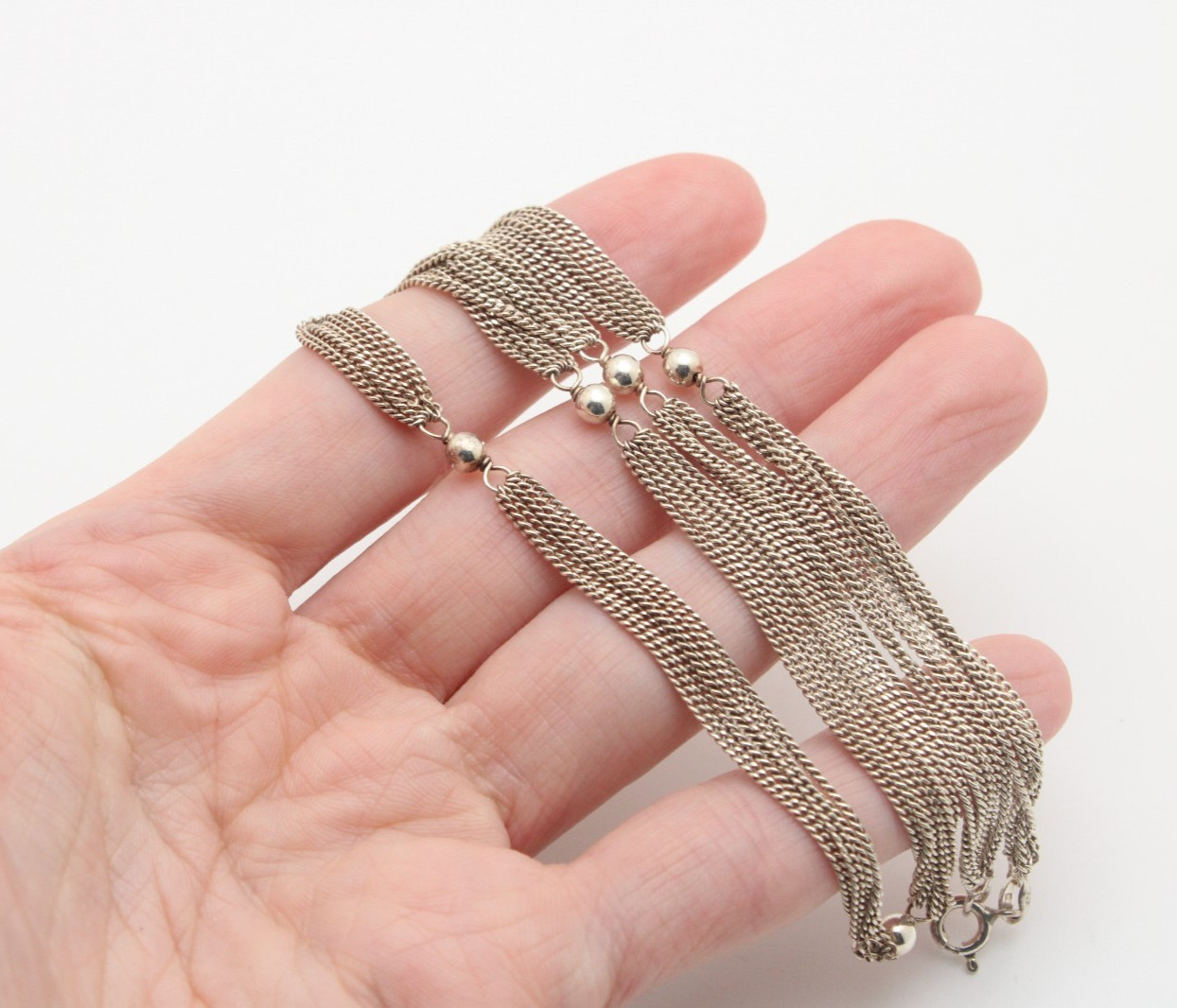 Vintage 925 Sterling Silver Italy Ball Bead Multi Curb Chain Station Necklace